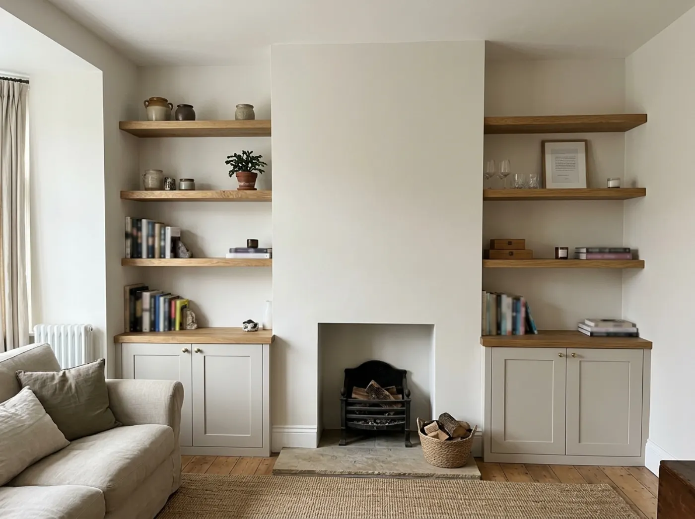 Painted cupboards and oak floating shelves fitted either side of a chimney breast