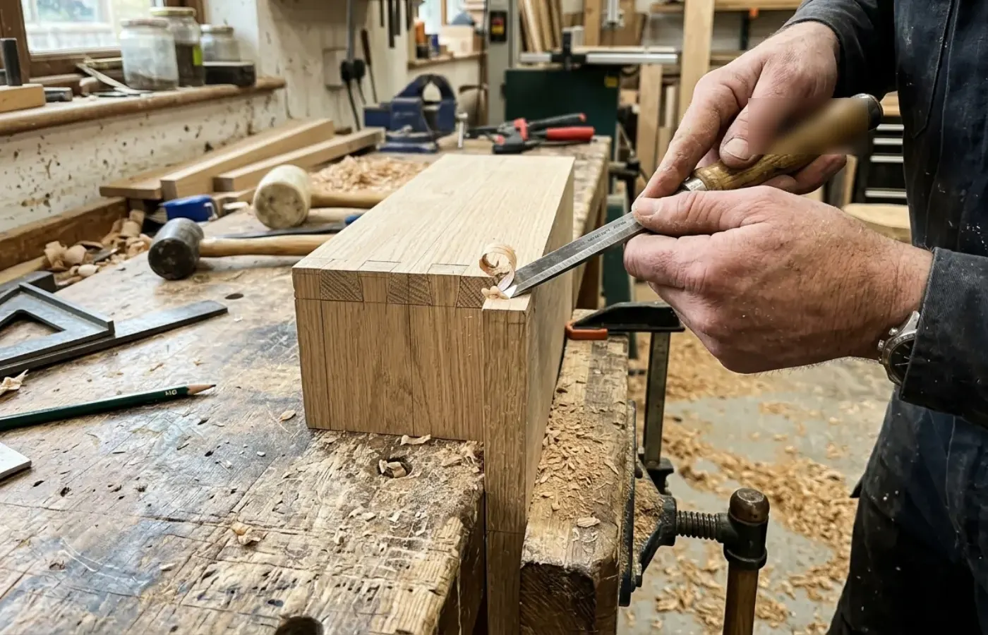 A joiner's hands paring a dovetail joint in oak with a chisel at the bench