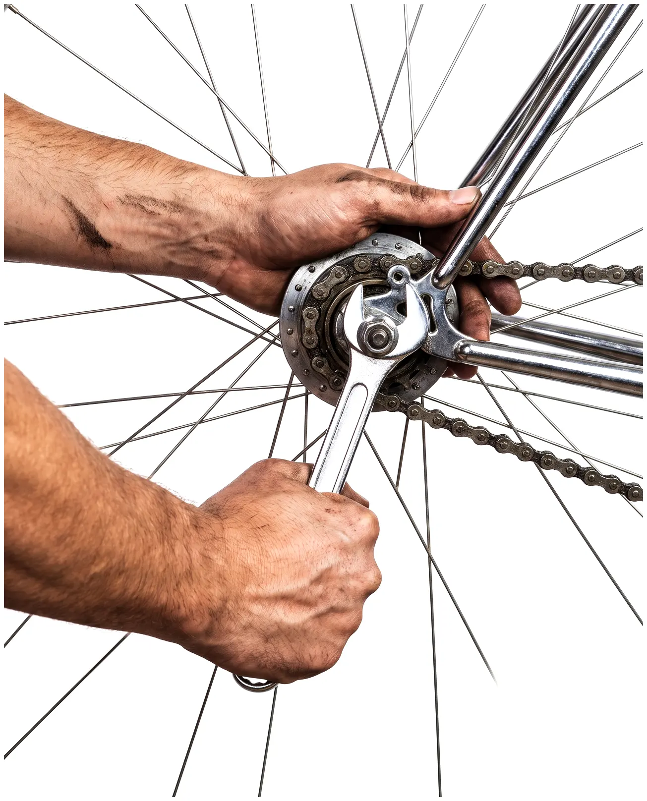 A mechanic's hands tightening a rear hub with a spanner