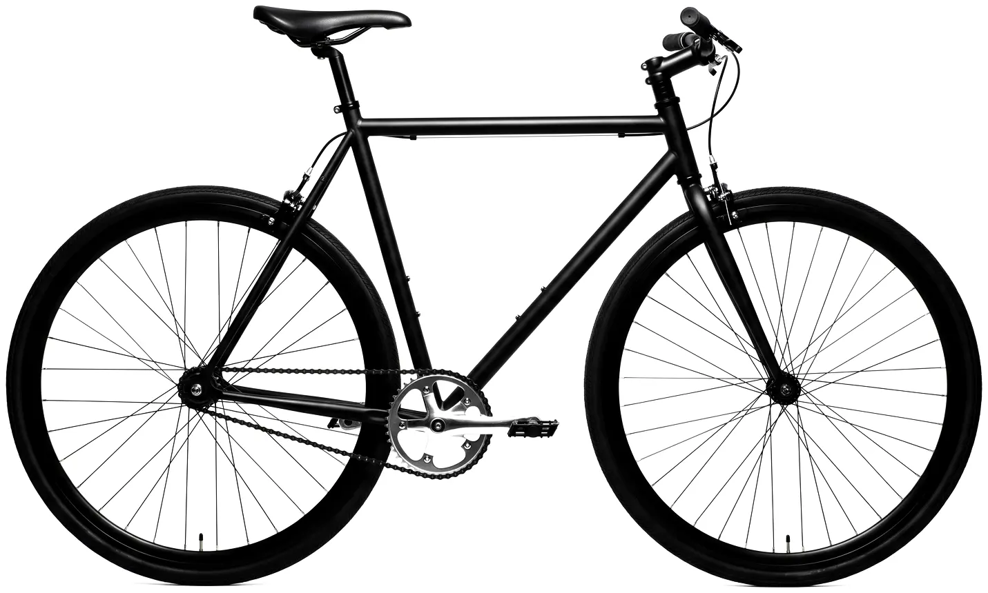 A matte black city bike, side on