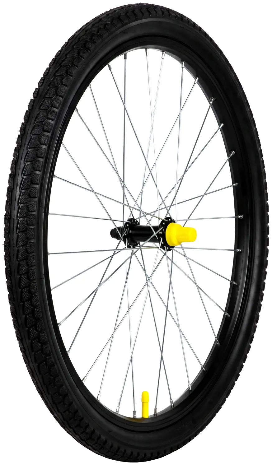 A single bike wheel standing upright