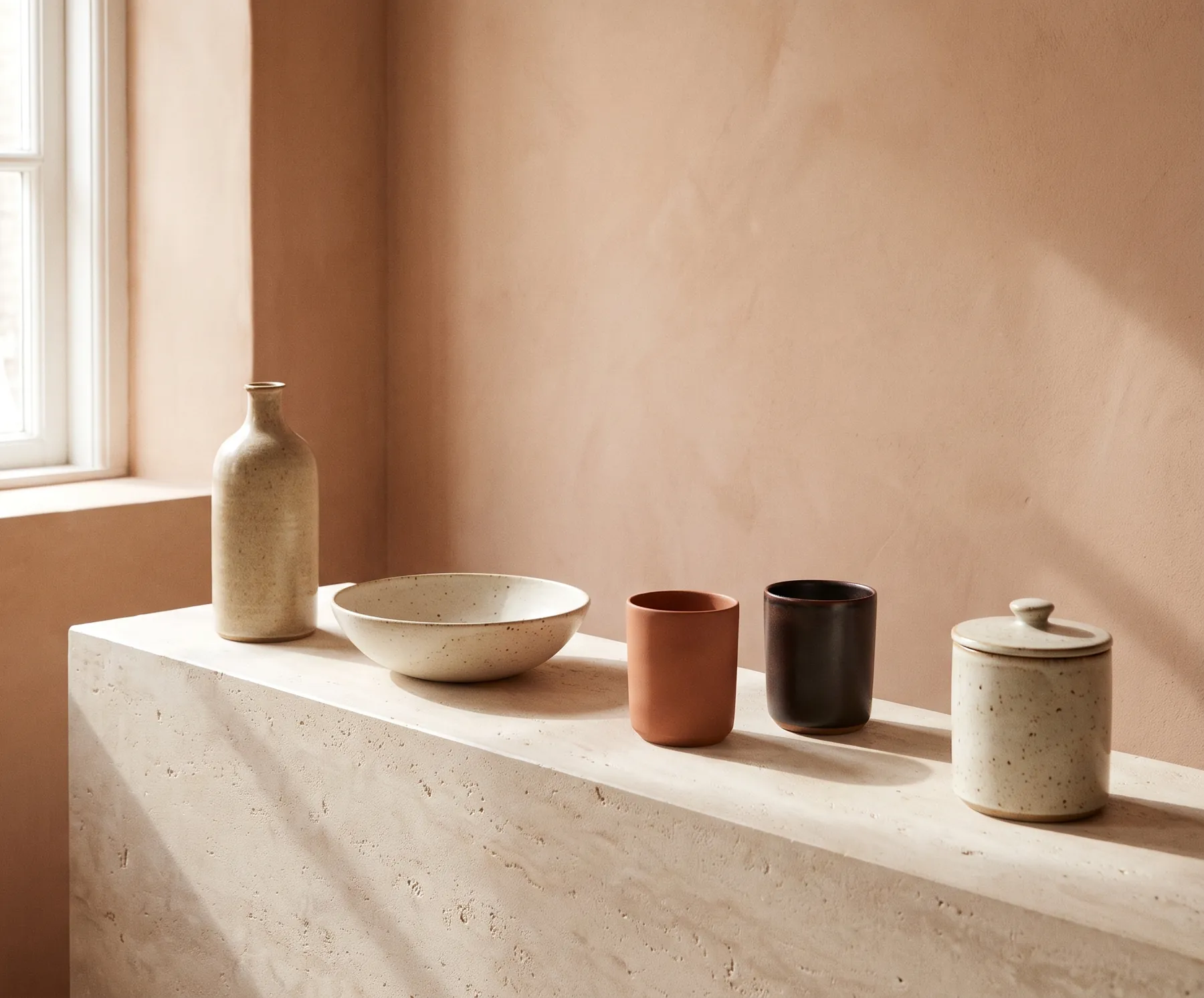 Five stoneware pieces in a row on a pale limestone ledge against a warm plaster wall