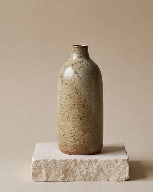 Tall stoneware bottle in a speckled oat glaze on a stone plinth