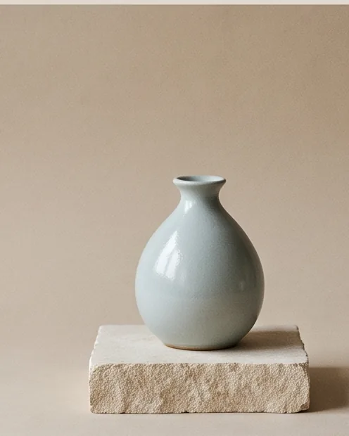 Small bud vase in a pale blue-grey glaze on a stone plinth