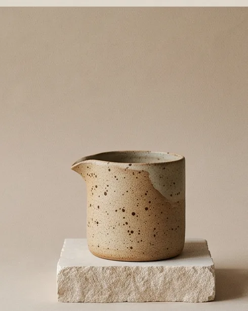 Small pouring jug with iron speckles on a stone plinth