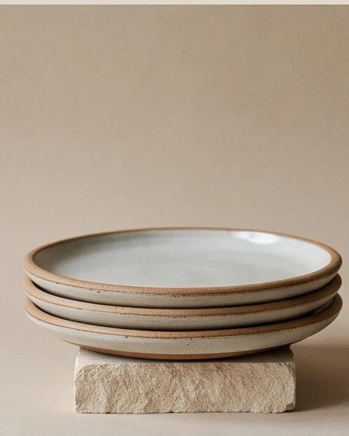 Stack of three dinner plates with bare clay rims on a stone plinth