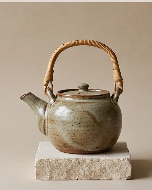 Stoneware teapot in an ash glaze with a cane handle on a stone plinth