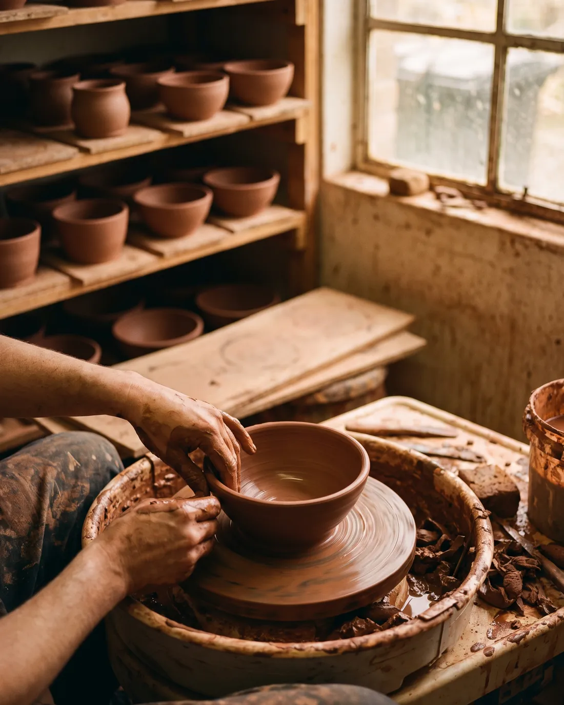 Clay-covered hands throwing a terracotta bowl on a potter's wheel, drying pots on shelves behind