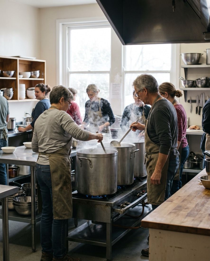 Volunteers cooking with large steel pots