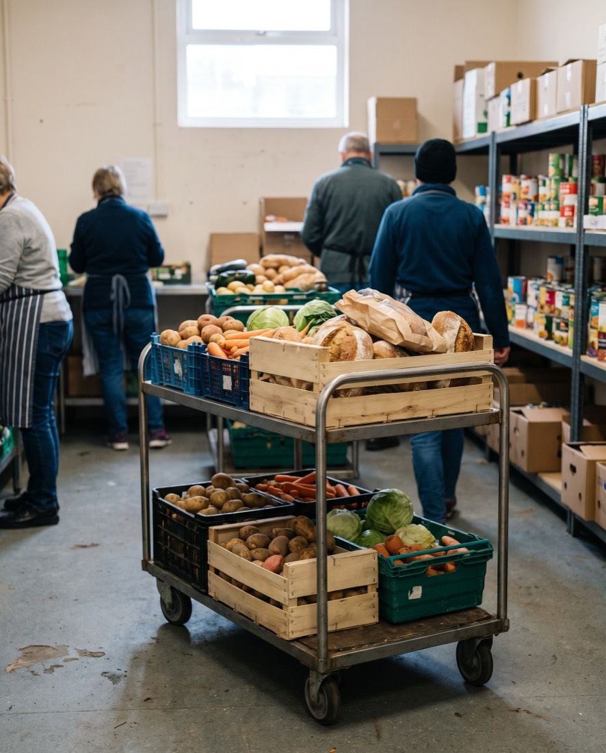 Crates of donated vegetables and bread