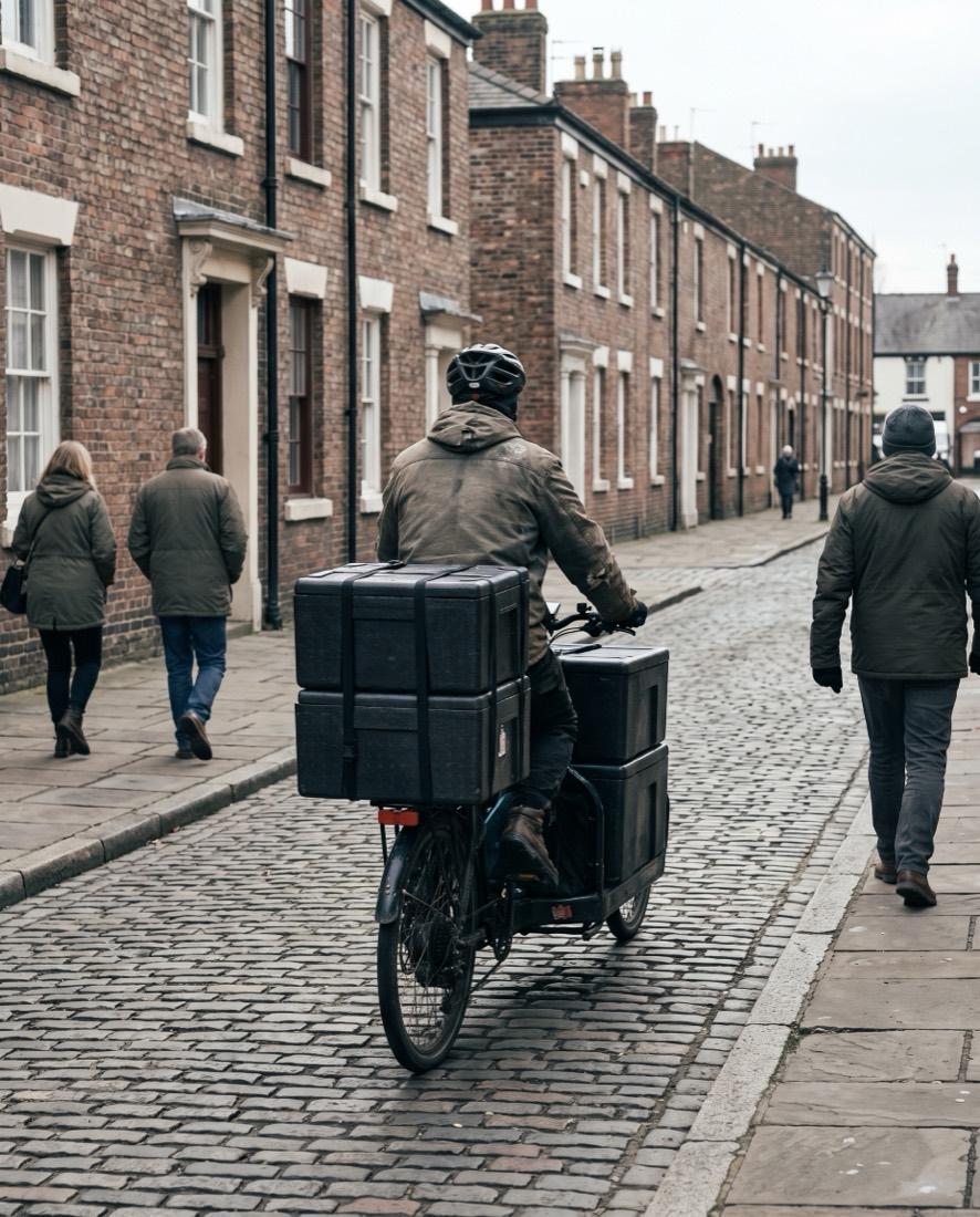 A volunteer on a cargo bike with meal boxes