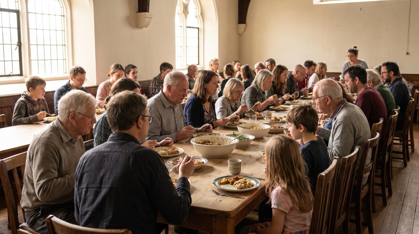 People of all ages sharing a meal at a long table in a bright hall