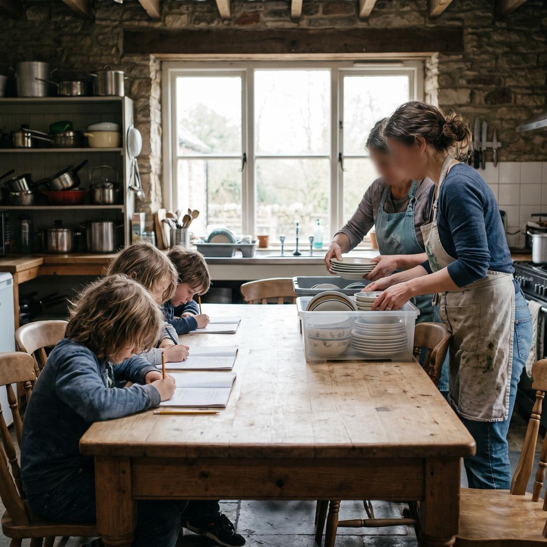 Children doing homework at the end of the long table