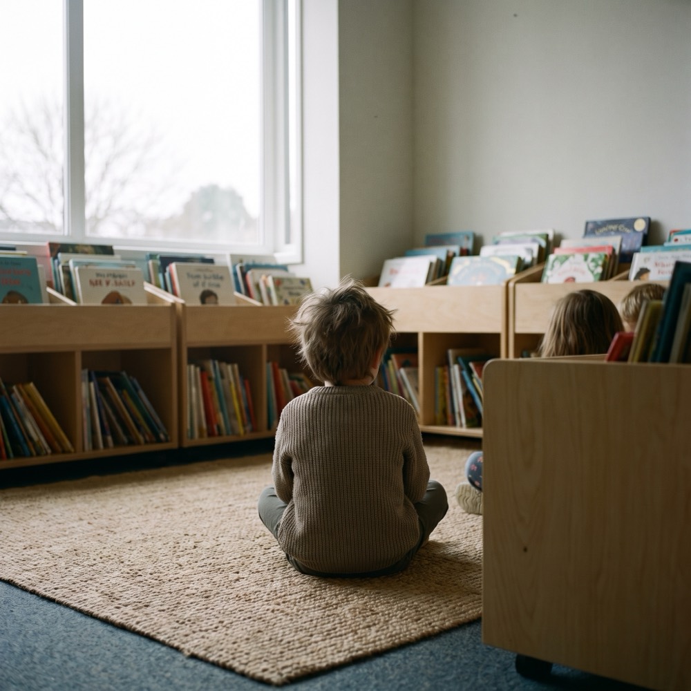 A child on a woven rug in a children's library corner