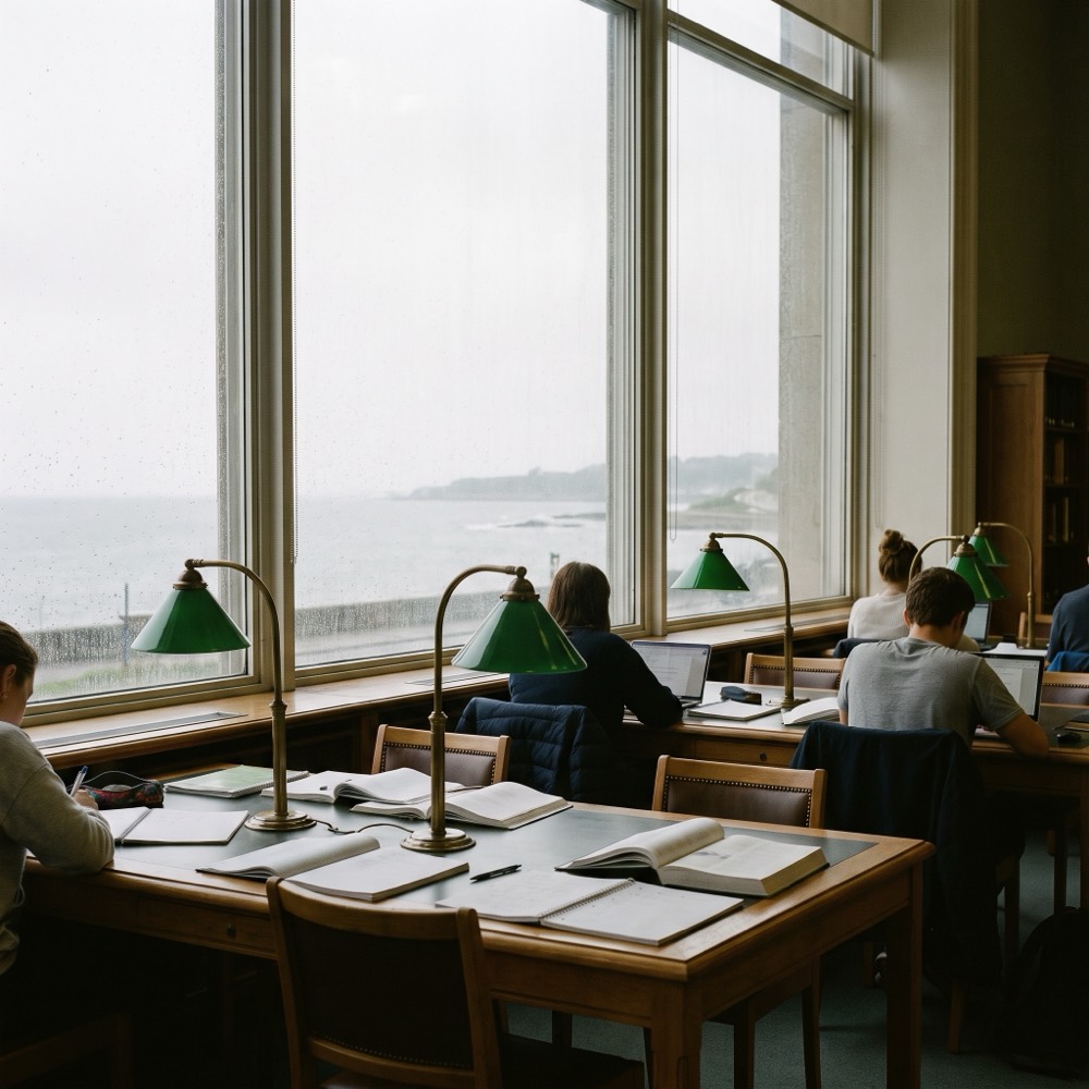 Study desks along a big window with a sea view