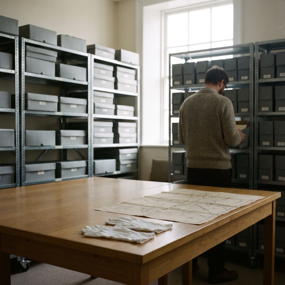 An archive room with grey boxes and an old map on a table