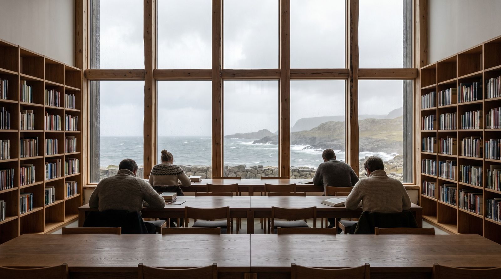 A quiet reading room with tall timber windows looking out to a grey sea