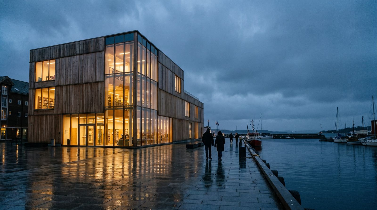 A timber and glass library glowing at dusk on a harbour