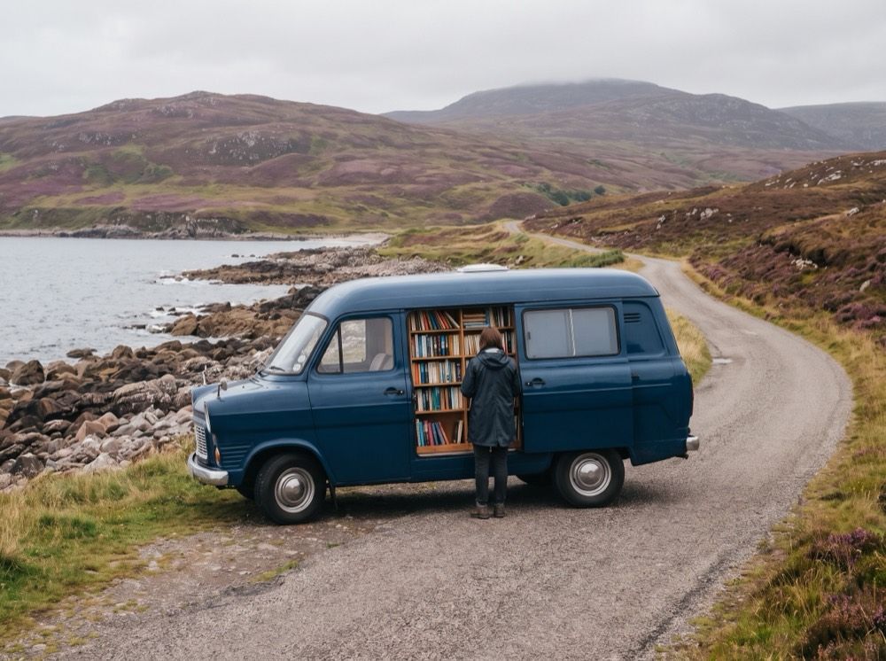 A blue mobile library van on a coast road