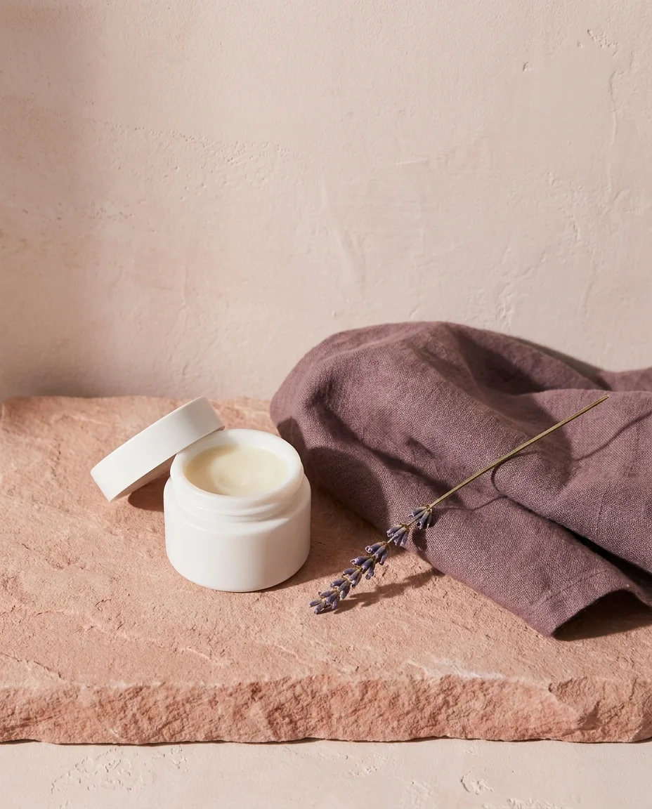 An open white balm pot on a terracotta stone slab, a folded plum linen cloth and a stem of dried lavender