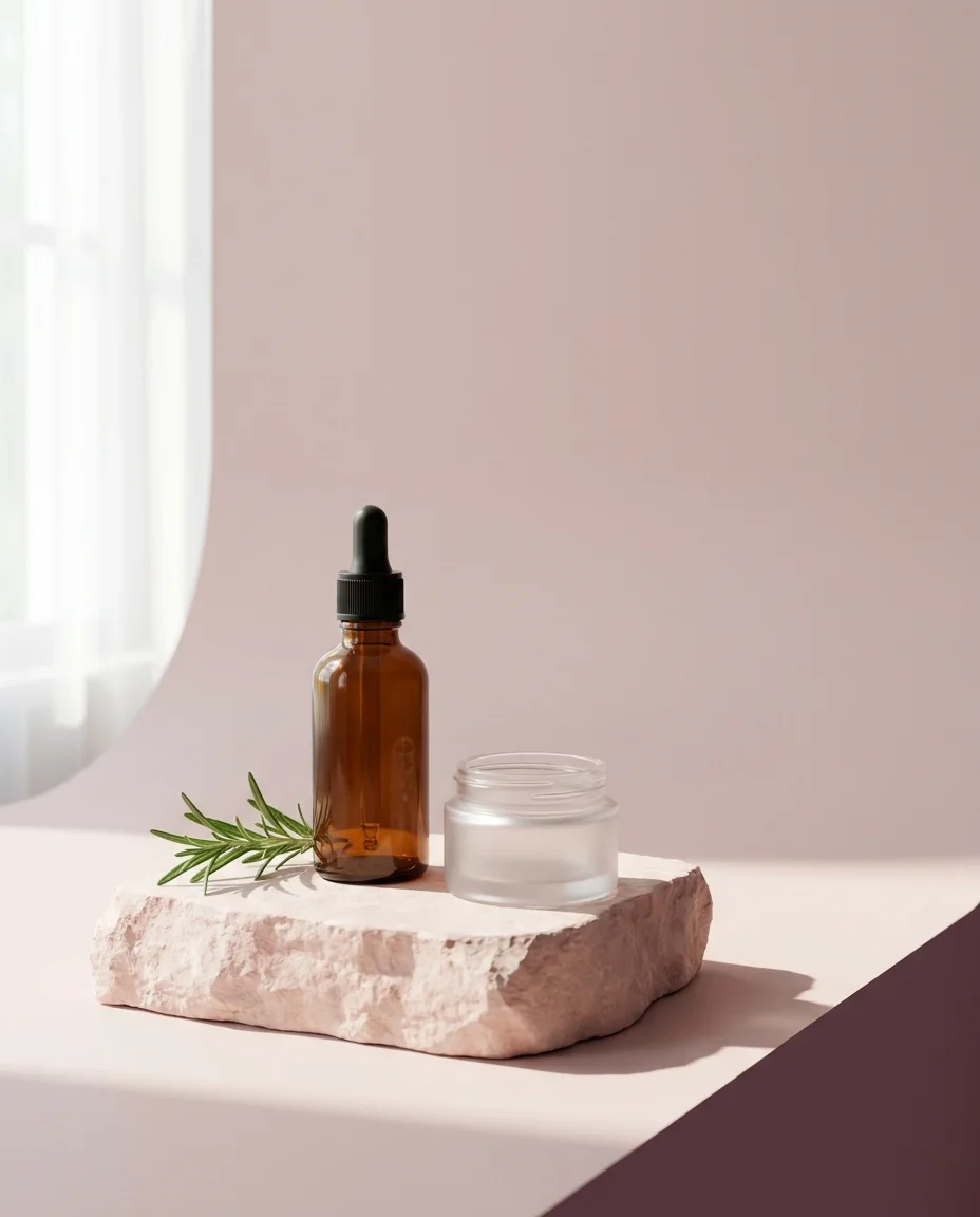 An unlabelled amber dropper bottle and a frosted jar on a pale pink stone, a sprig of rosemary beside them