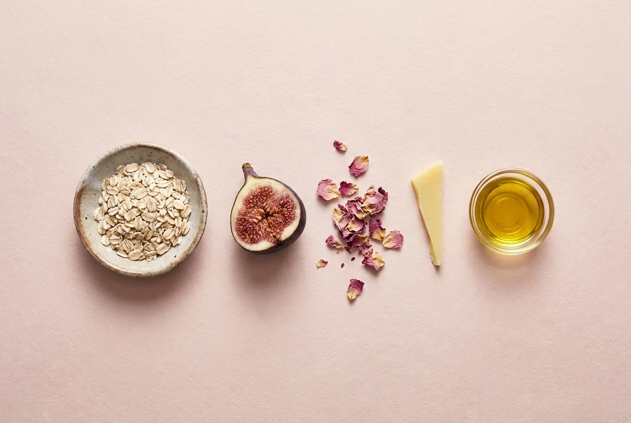 Overhead: a ceramic dish of rolled oats, half a fig, dried rose petals, a sliver of beeswax and a glass dish of golden oil on pale pink paper