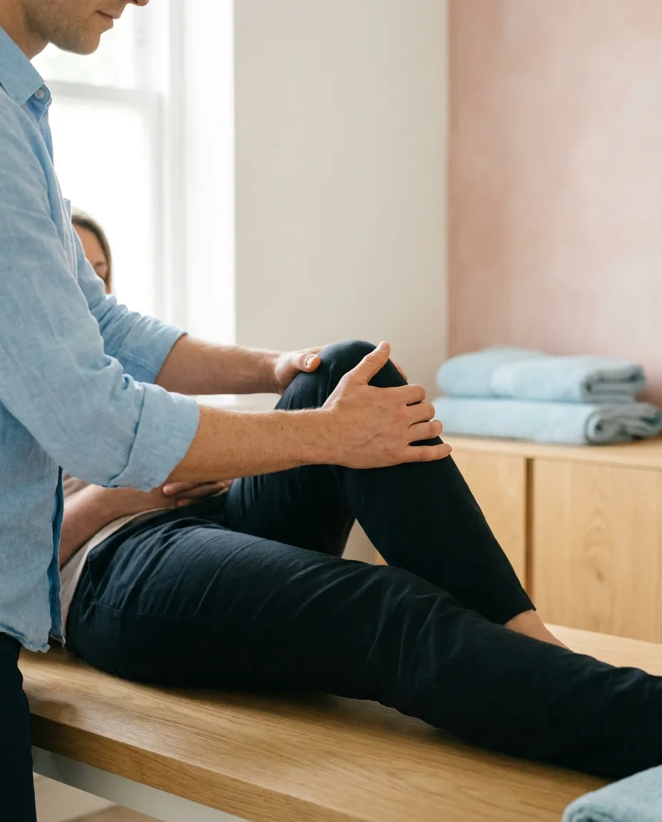 A physiotherapist's hands guiding a patient's bent knee on an oak treatment couch