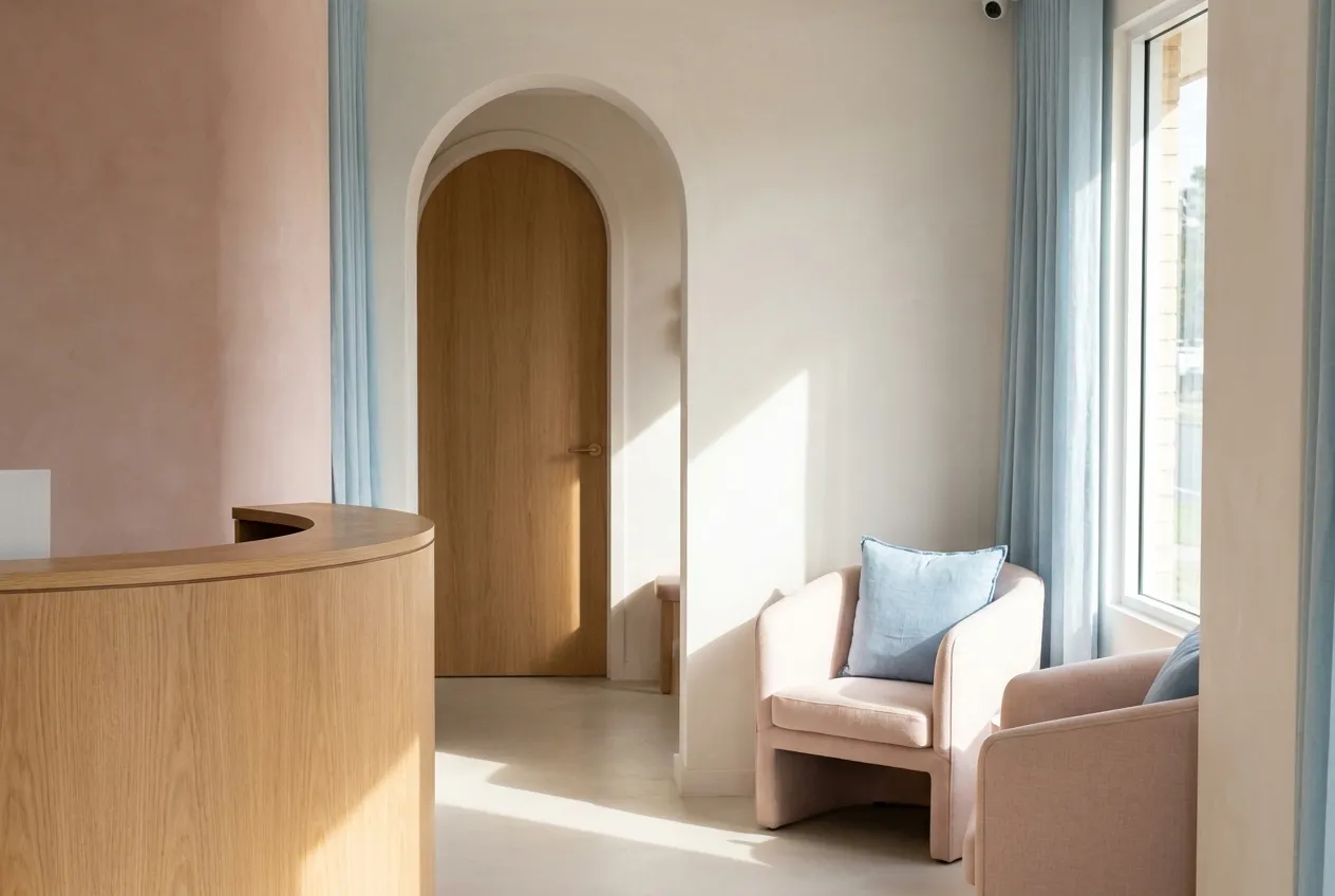 The clinic's quiet reception: a curved oak desk, blush chairs and an arched doorway