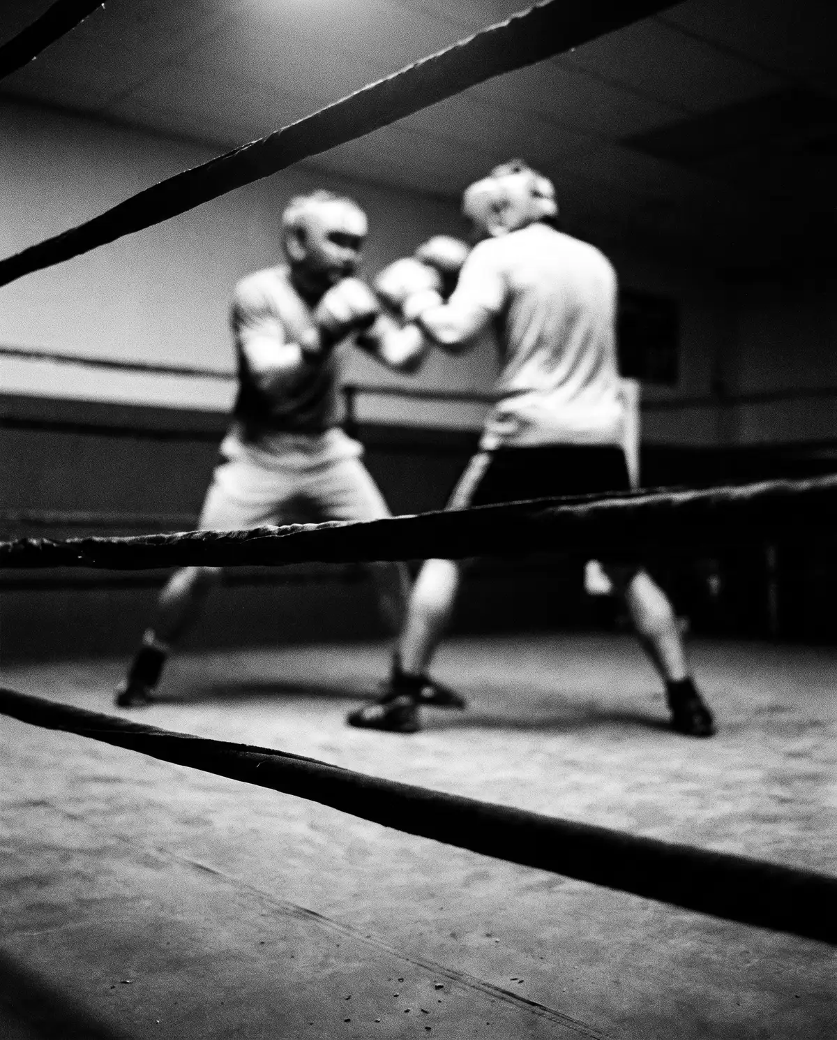 Two boxers in headguards spar, seen low from the canvas between the ring ropes