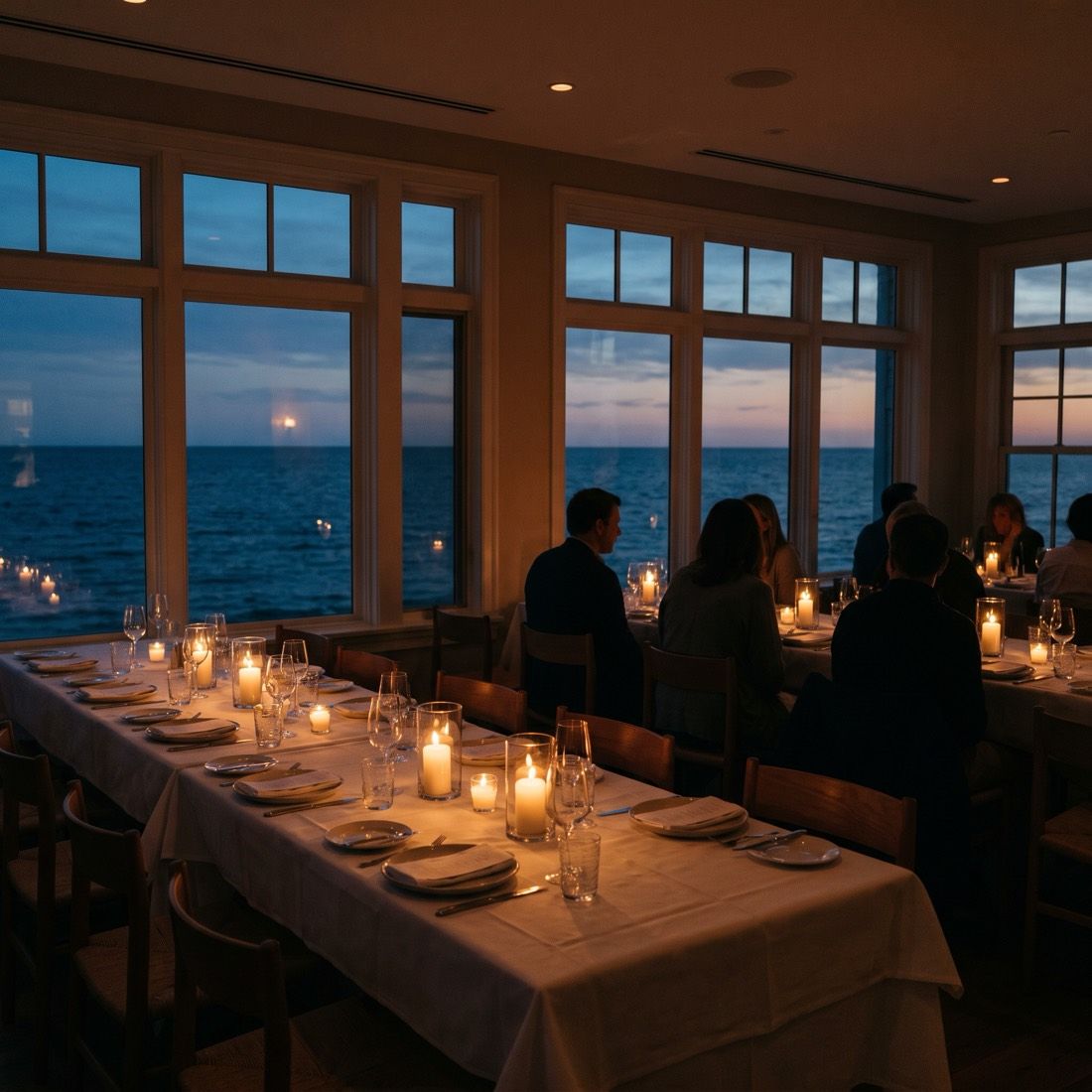 The dining room set for dinner with candles and sea views