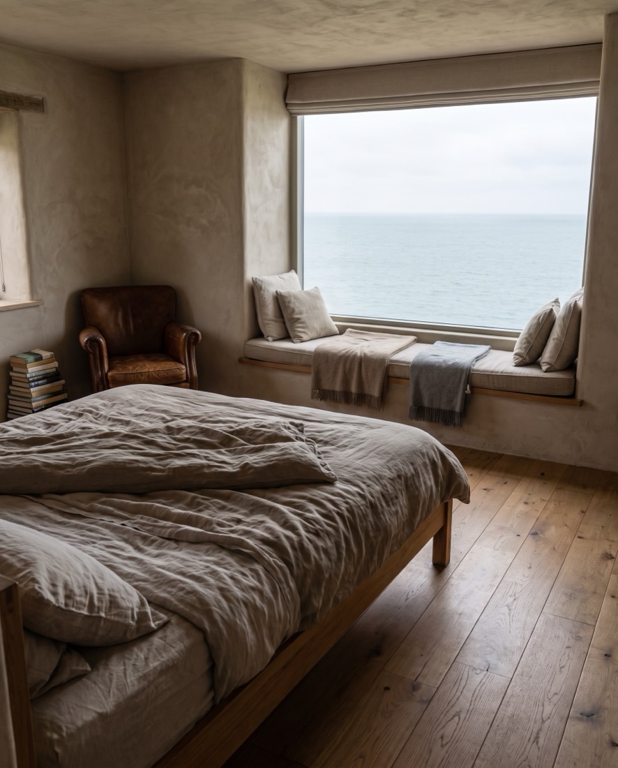 A linen-dressed bedroom with a window seat over the sea