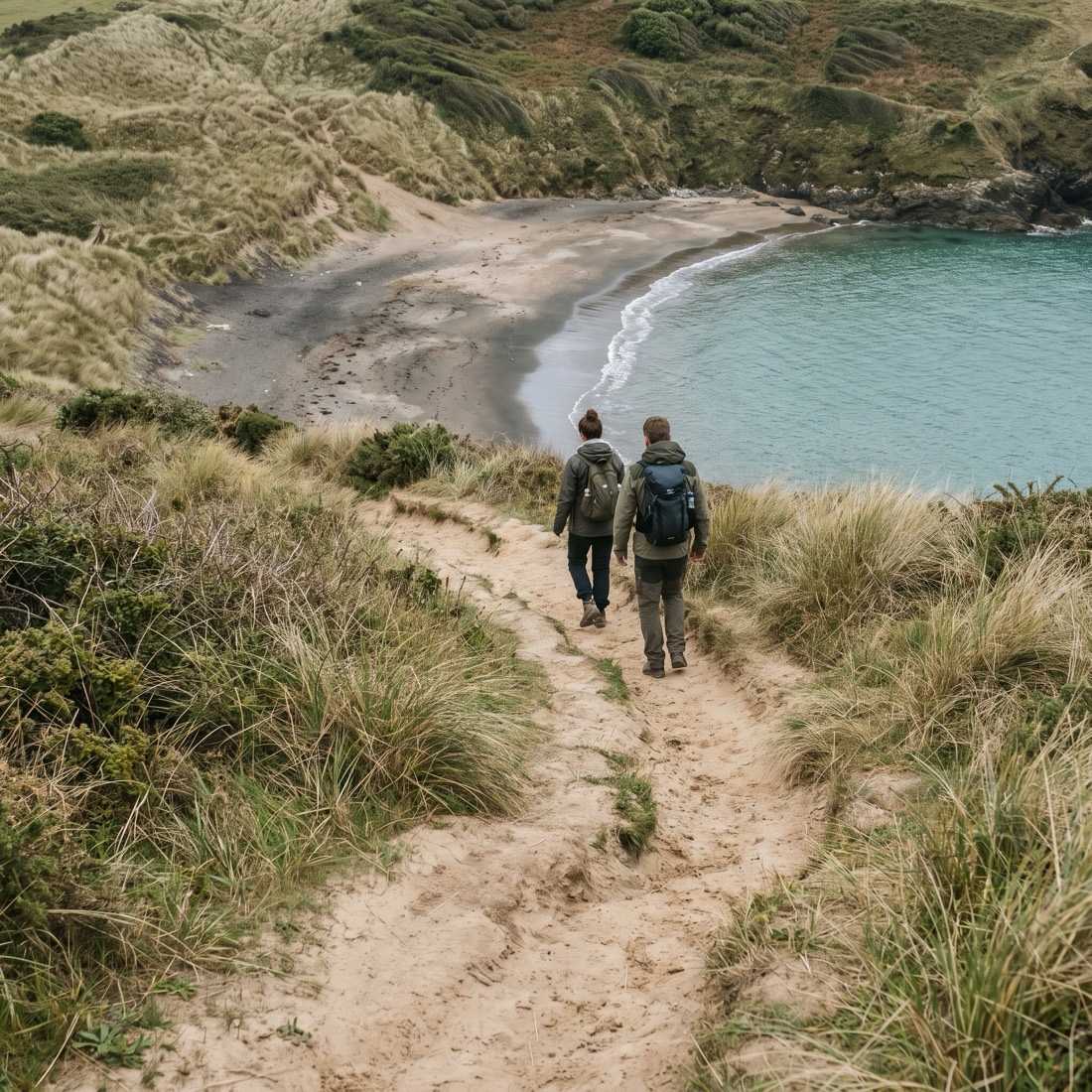 A sandy cliff path through dune grass