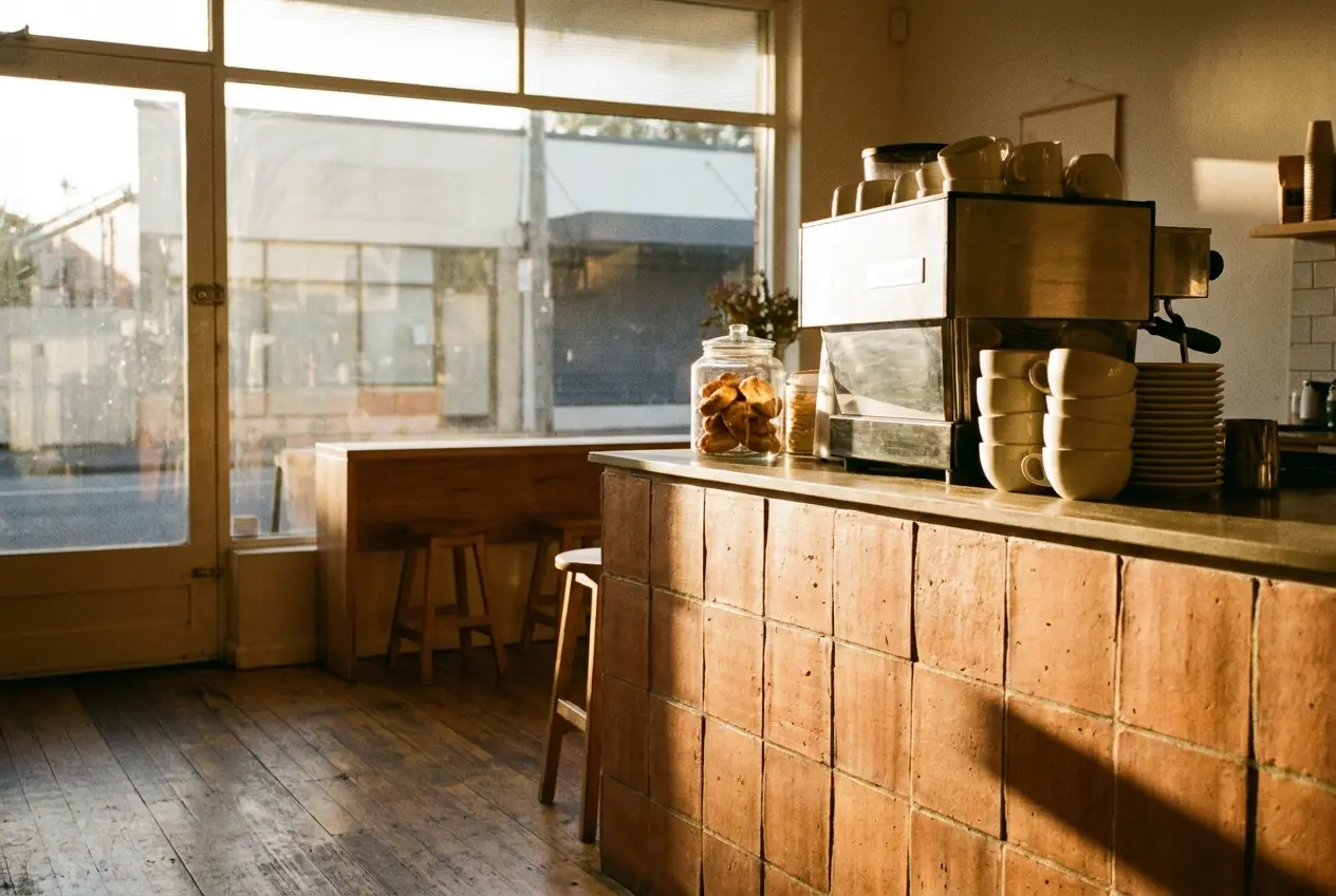An empty cafe counter in low morning sun, with stacked cups and a jar of pastries