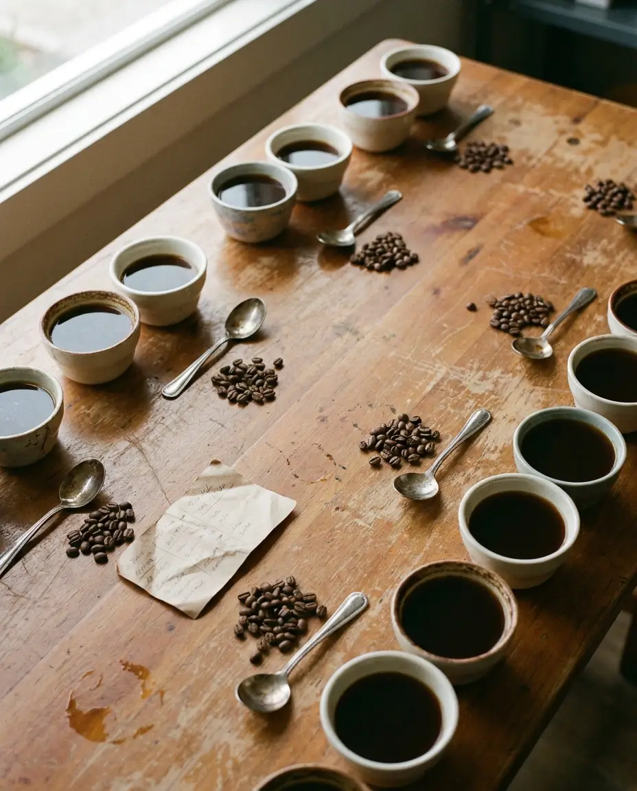A long wooden table set with rows of cupping bowls, spoons and small piles of beans
