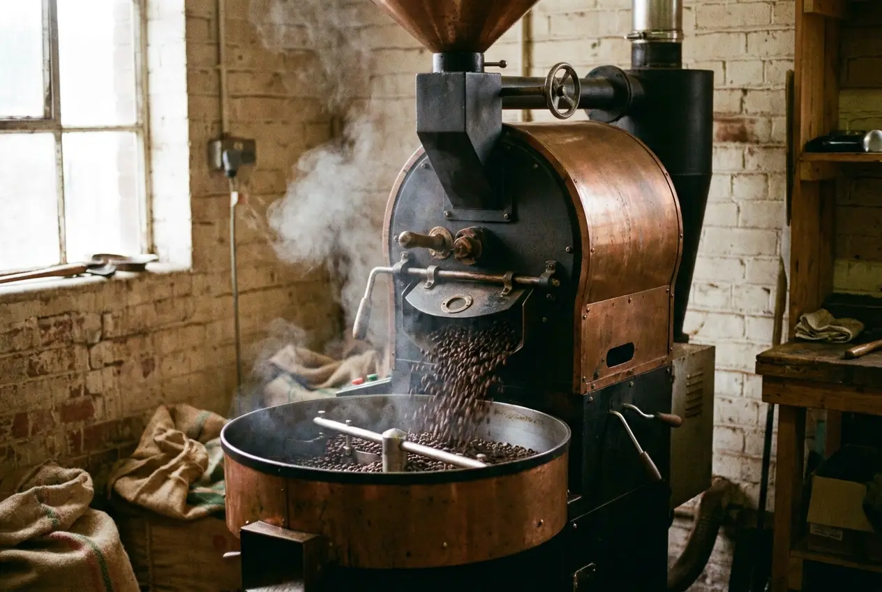 A copper roasting drum tipping freshly roasted beans into the cooling tray, steam rising
