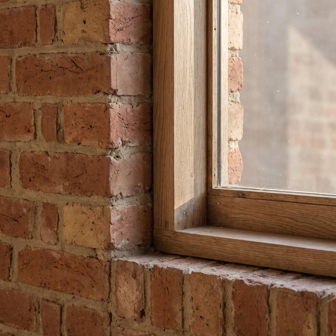Hand-made brick meeting an oak window frame