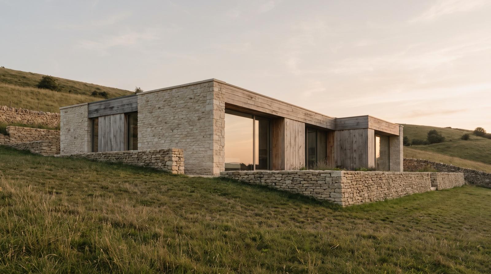 A low limestone and oak house set into a grassy hillside