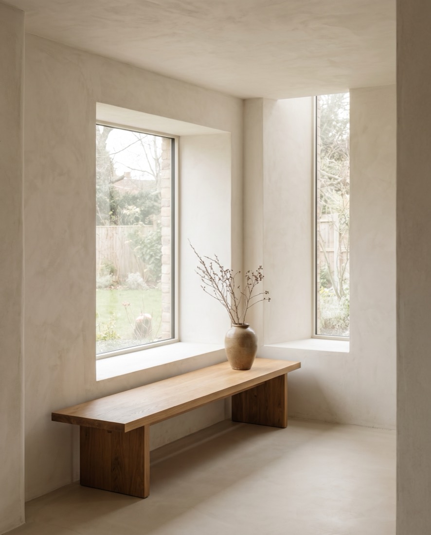 A lime-plastered room with an oak bench beneath a deep window