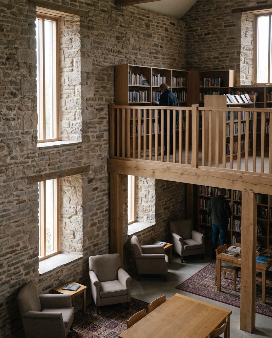 A stone barn converted into a library with an oak mezzanine