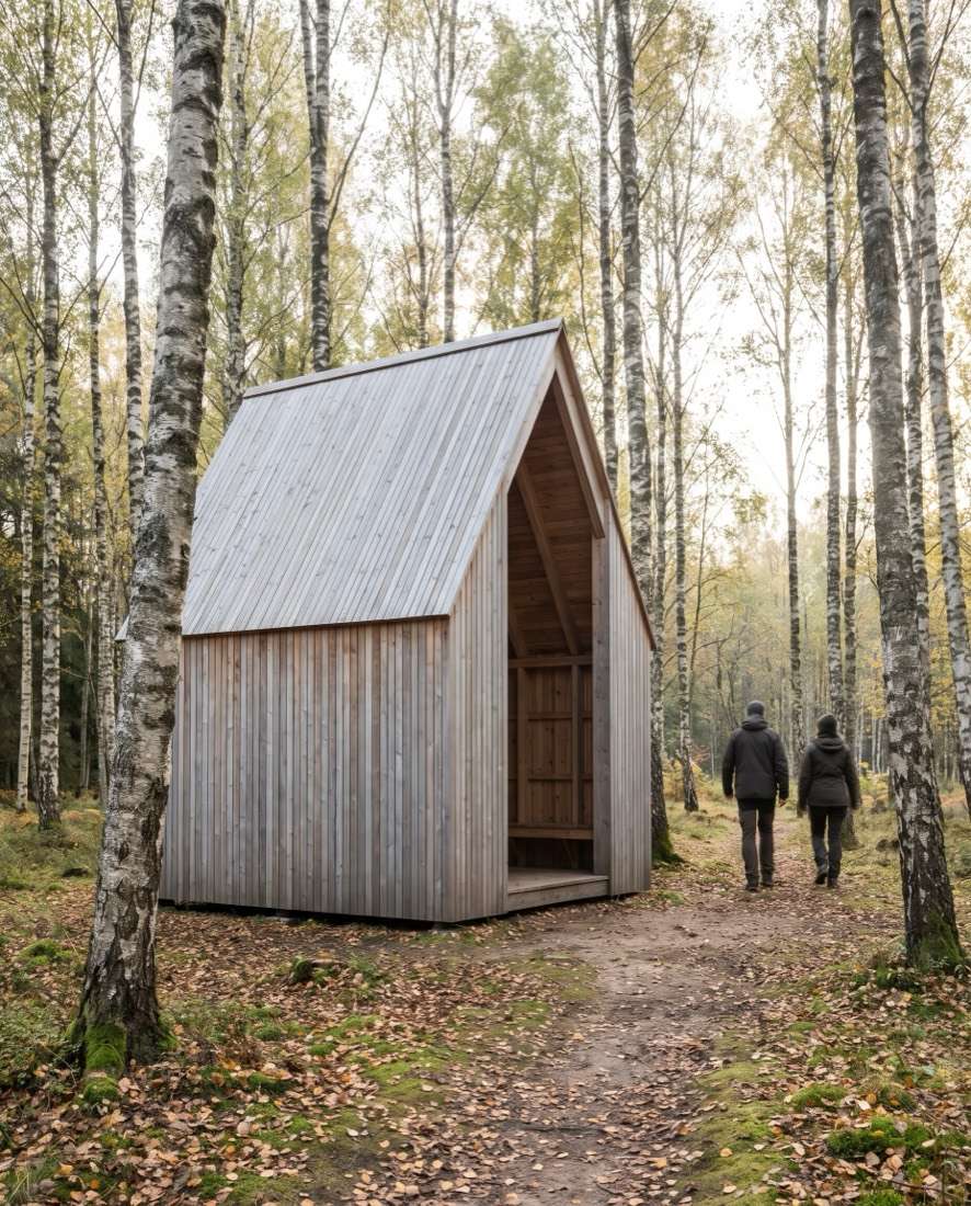 A silver larch pavilion in a birch wood