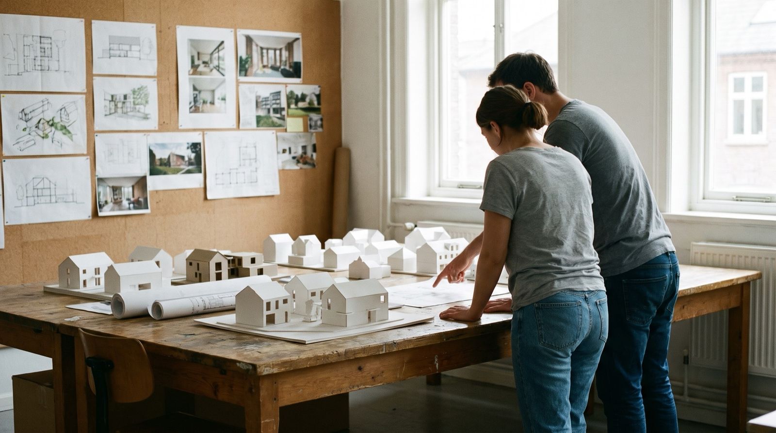 Two architects at a table of white card models